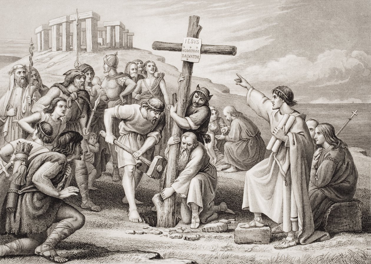 Pierwsze głoszenie chrześcijaństwa w Wielkiej Brytanii, z „Ilustracji historii angielskiej i szkockiej” tomu I autorstwa Charles West Cope