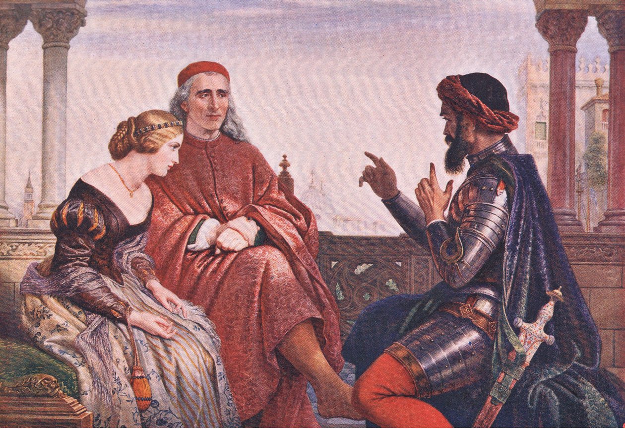 Zaloty Desdemony (Othello) „Gdzie mówiłem o najbardziej katastrofalnych szansach, o przeniesieniu wypadków przez powódź i pole” , z publikacji The Complete Works of William Shakespeare, autorstwa J Coker & Co Ltd (kolor lito) autorstwa Charles West Cope