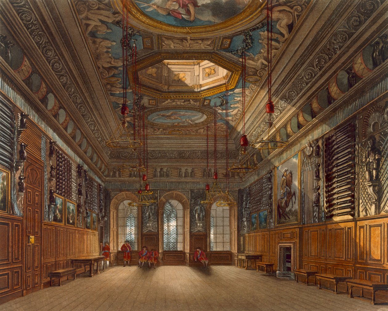 Komnata Straży Królewskiej, Zamek Windsor, z „Rezydencji Królewskich”, ryty przez Thomasa Sutherlanda (ur. 1785), wyd. William Henry Pyne (1769-1843), 1818 (akwatinta) autorstwa Charles Wild