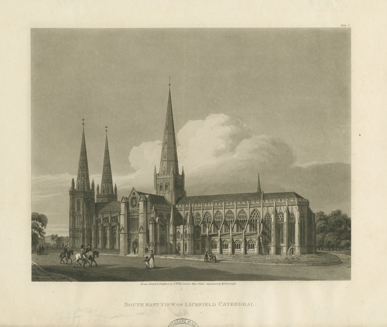 Katedra w Lichfield - widok na południowy wschód: grawerunek akwatinty, 1813 r. autorstwa Charles Wild