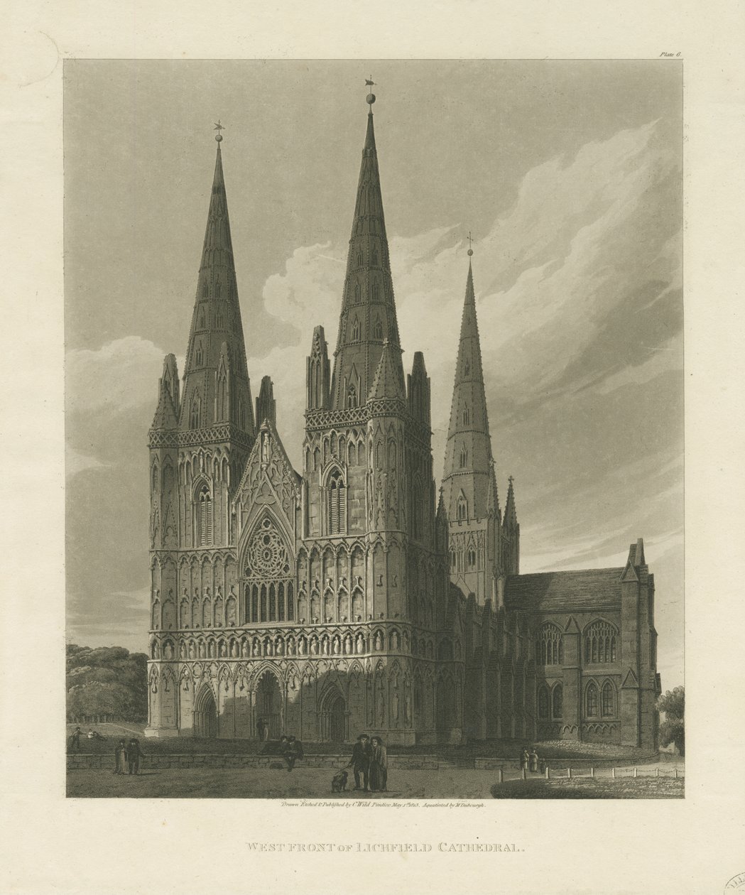 Katedra w Lichfield - front zachodni: grawerunek akwatinty, 1813 r. autorstwa Charles Wild