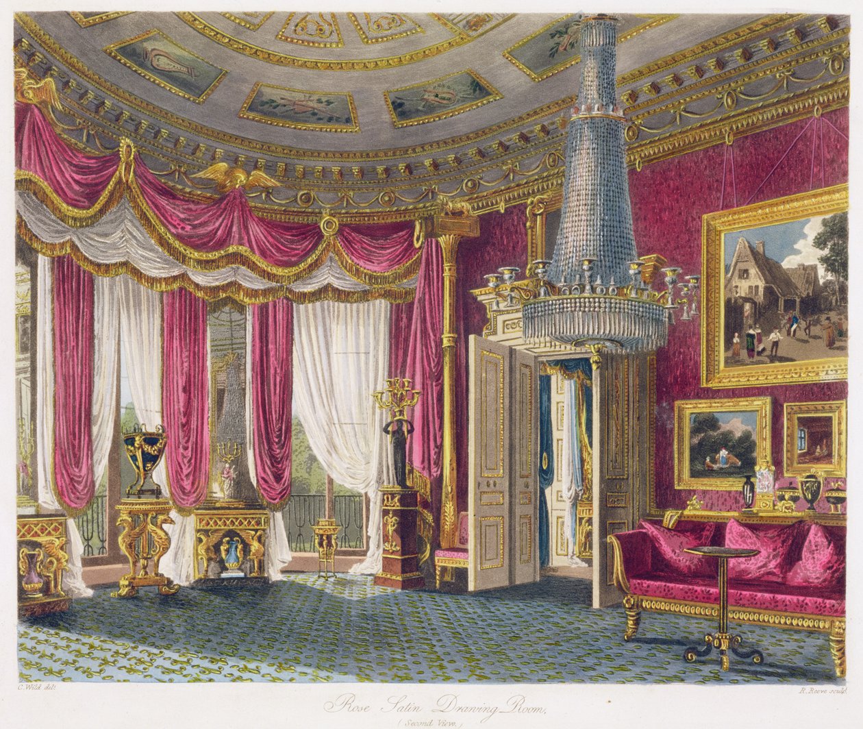 Salon Rose Satin Drawing Room (drugi widok) Carlton House, grawerowany przez R. Reeve (fl.1811-37) z „Historii rezydencji królewskich” Williama Henry