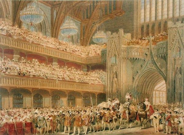 Mistrz Anglii wchodzący do Westminster Hall (akwarela na papierze) autorstwa Charles Wild