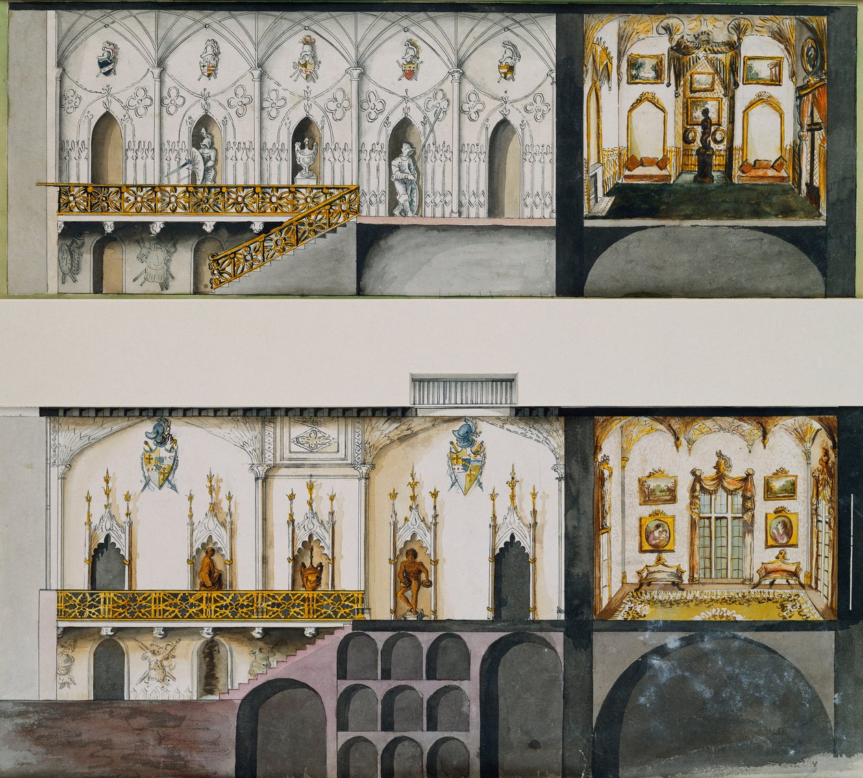 Alternatywne projekty dla holu, galerii i rysunku - pokój w zamku Charleville: sekcje (pióro i atrament i w/c na papierze) autorstwa Charles William Bury