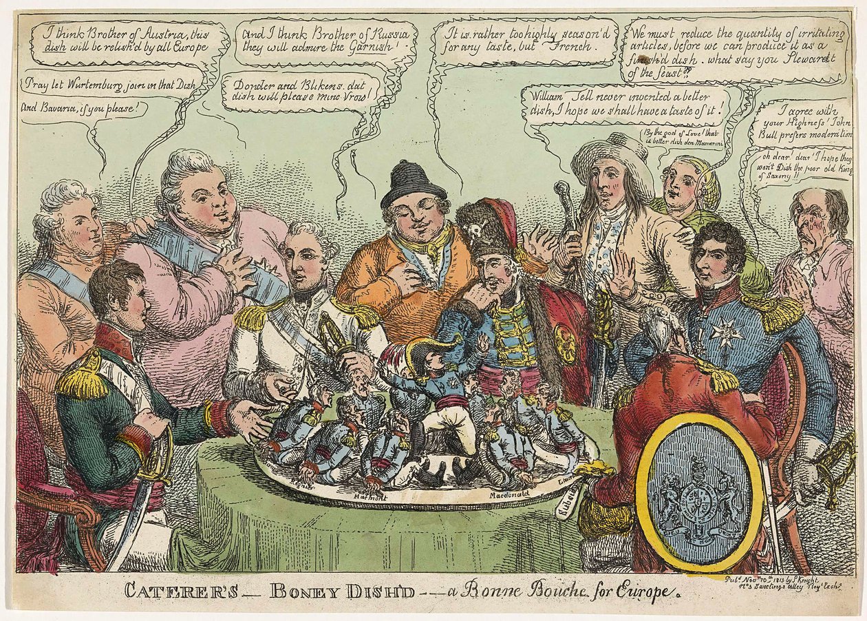 Caterers- Boney Dishd- a Bonne Bouche dla Europy, wyd. 1813 (ręcznie kolorowane grawerowanie) autorstwa Charles Williams
