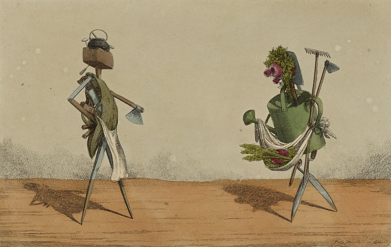 Animowane narzędzia, płyta 2, Dedykowane stolarzom i ogrodnikom z Wielkiej Brytanii, ok. 1811 (akwaforta ręcznie kolorowana) autorstwa Charles Williams