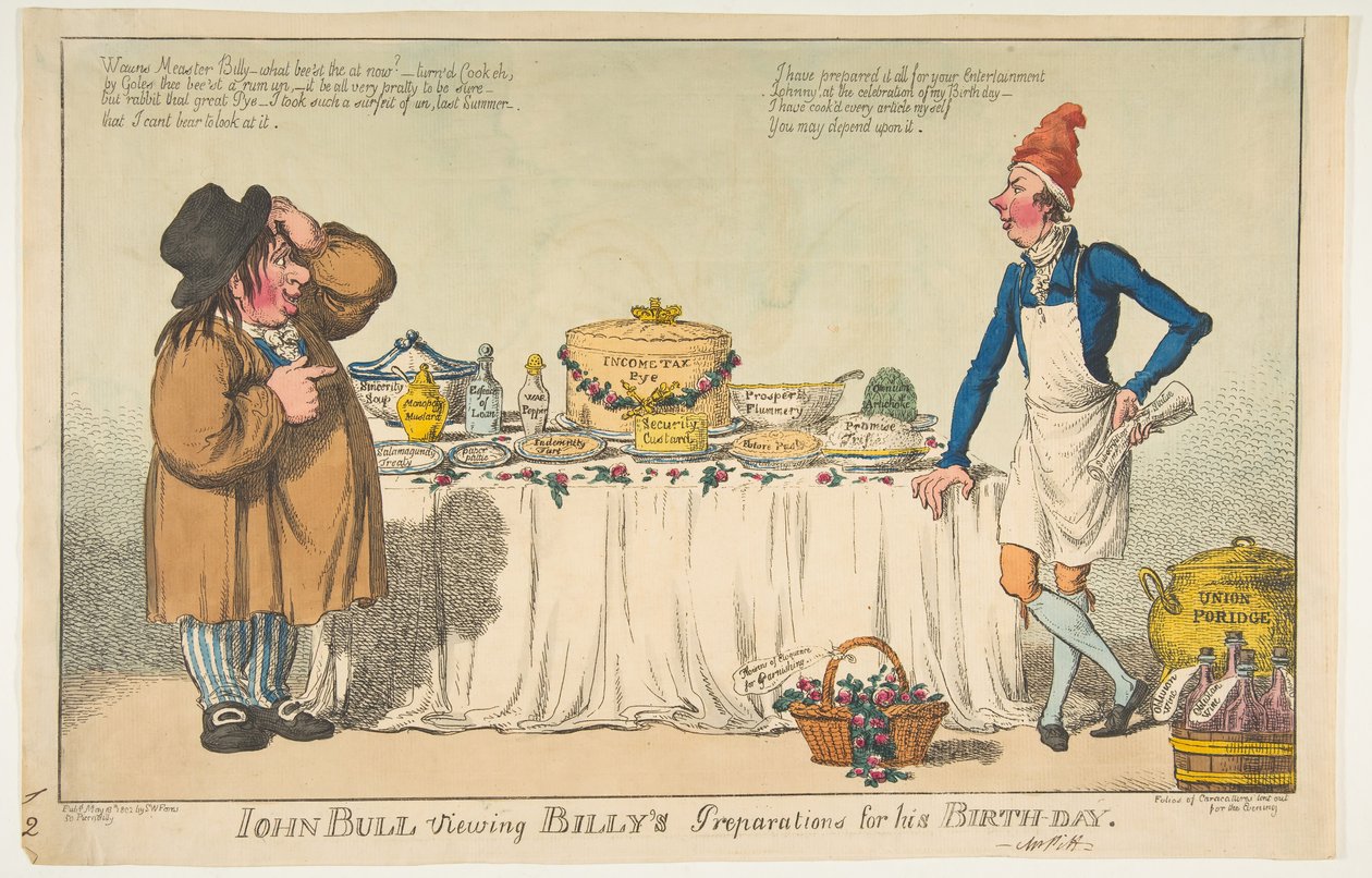 John Bull przeglądający przygotowania Billysa do jego urodzin, 18 maja 1802. autorstwa Charles Williams