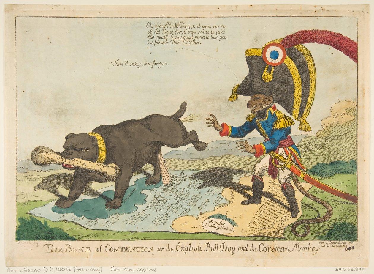 Kość niezgody lub angielski Bull Dog i korsykańska małpa, 14 czerwca 1803 r. autorstwa Charles Williams