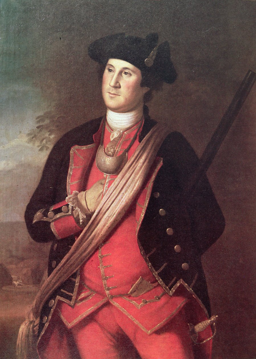 George Washington w mundurze pułkownika Milicji Wirginii podczas wojny francusko-indyjskiej (1755-63) (kolor lito) autorstwa Charles Willson (after) Peale