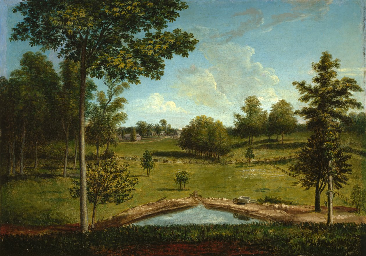Krajobraz patrzący w kierunku Sali Sprzedawców z Mill Bank, c.1818 autorstwa Charles Willson Peale