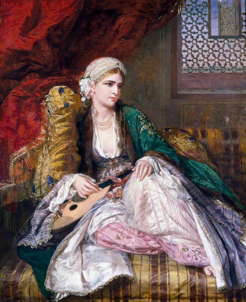 Orientalizm: europejska "orientalna piękność" w turbanie i welonie (styl turecki) leżąca z instrumentem muzycznym. Obraz autorstwa Charlesa Wynne