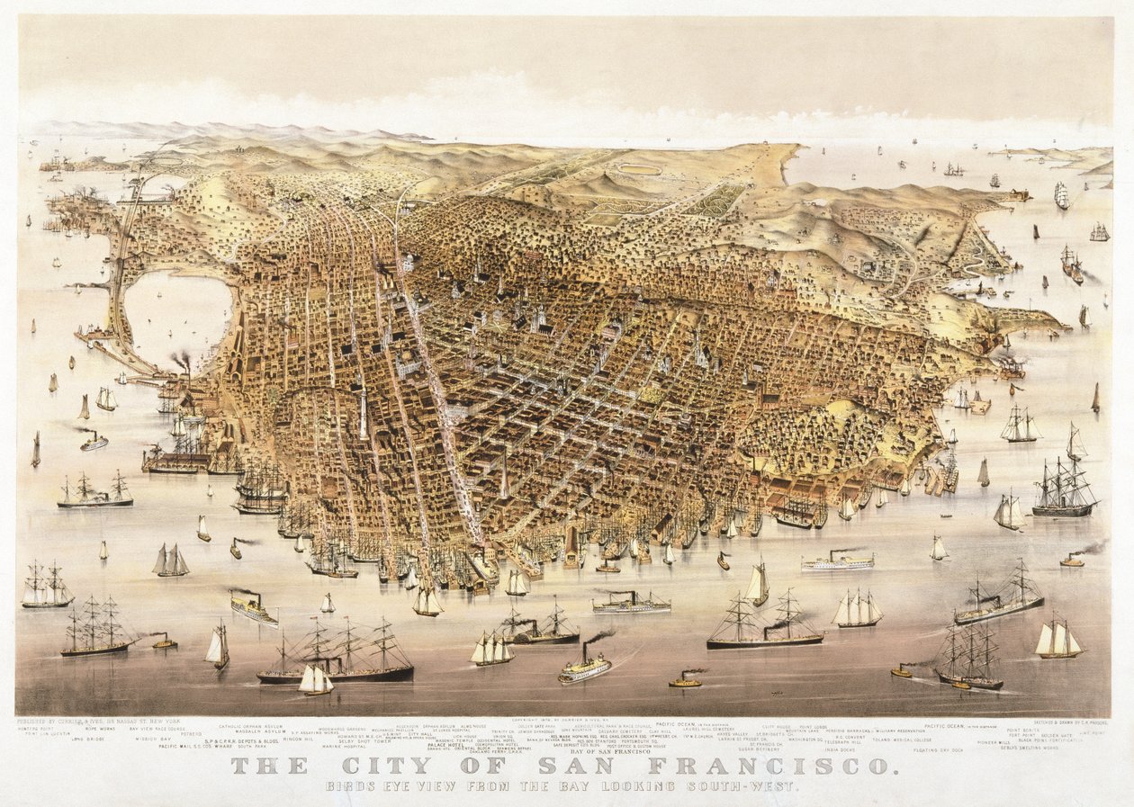 Miasto San Francisco, widok z lotu ptaka z zatoki na południowy-zachód, opublikowane przez Currier & Ives autorstwa Charles Richard Parsons