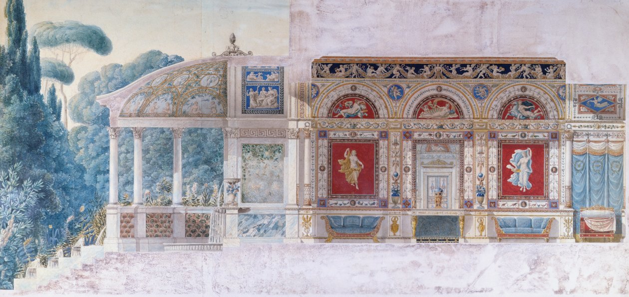 Projekt dla Hotelu Particulier na Polach Elizejskich dla Hortense de Beauharnais (1783-1837), Królowej Holandii (wc na papierze) autorstwa Charles and Fontaine Percier
