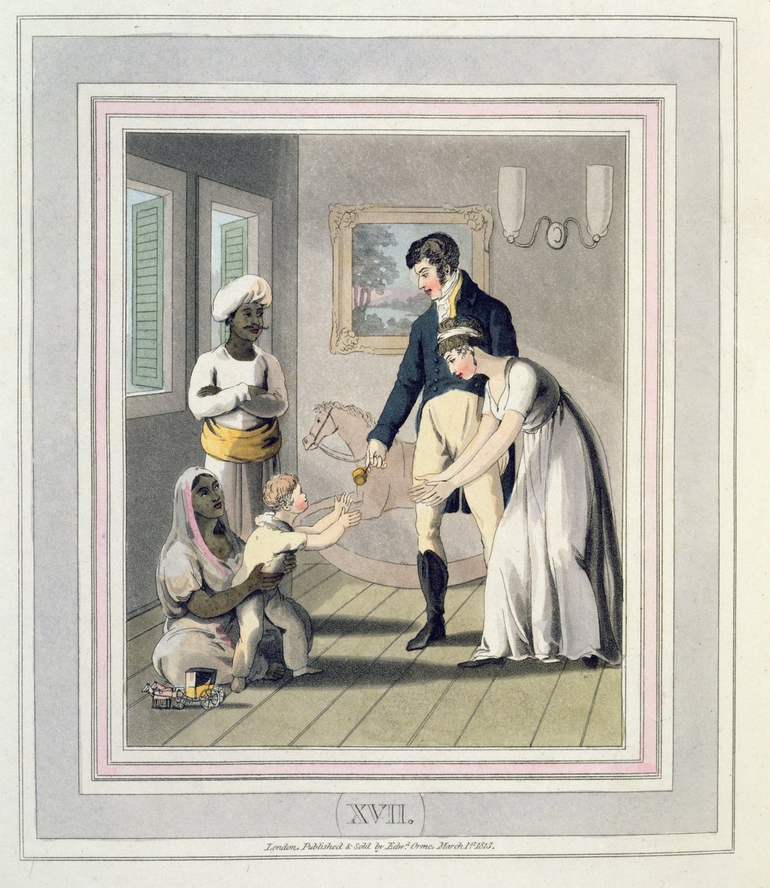Europejska dama i jej rodzina pod opieką Ayah, lub pielęgniarki, tablica 17 z "The European in India", opublikowana w 1813 r. (akwatinta ręcznie kolorowana) autorstwa Charles d Oyly