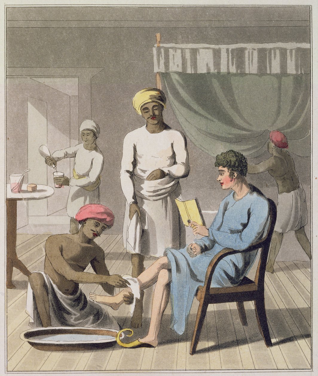 A Gentleman Dressing z udziałem jego głównego okaziciela i innych służących, płyta 4 z „Europejczyka w Indiach”, wydanego w 1813 r. (akwatinta ręcznie kolorowana) autorstwa Charles d Oyly
