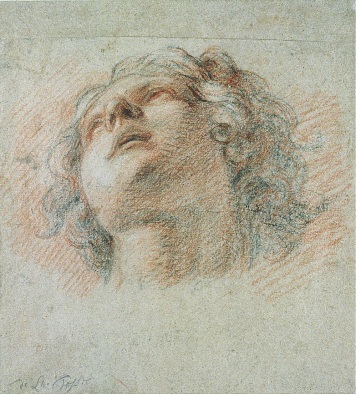 Głowa młodzieńca, widziana od dołu (czerwona i czarna kreda na papierze) autorstwa Charles de la Fosse