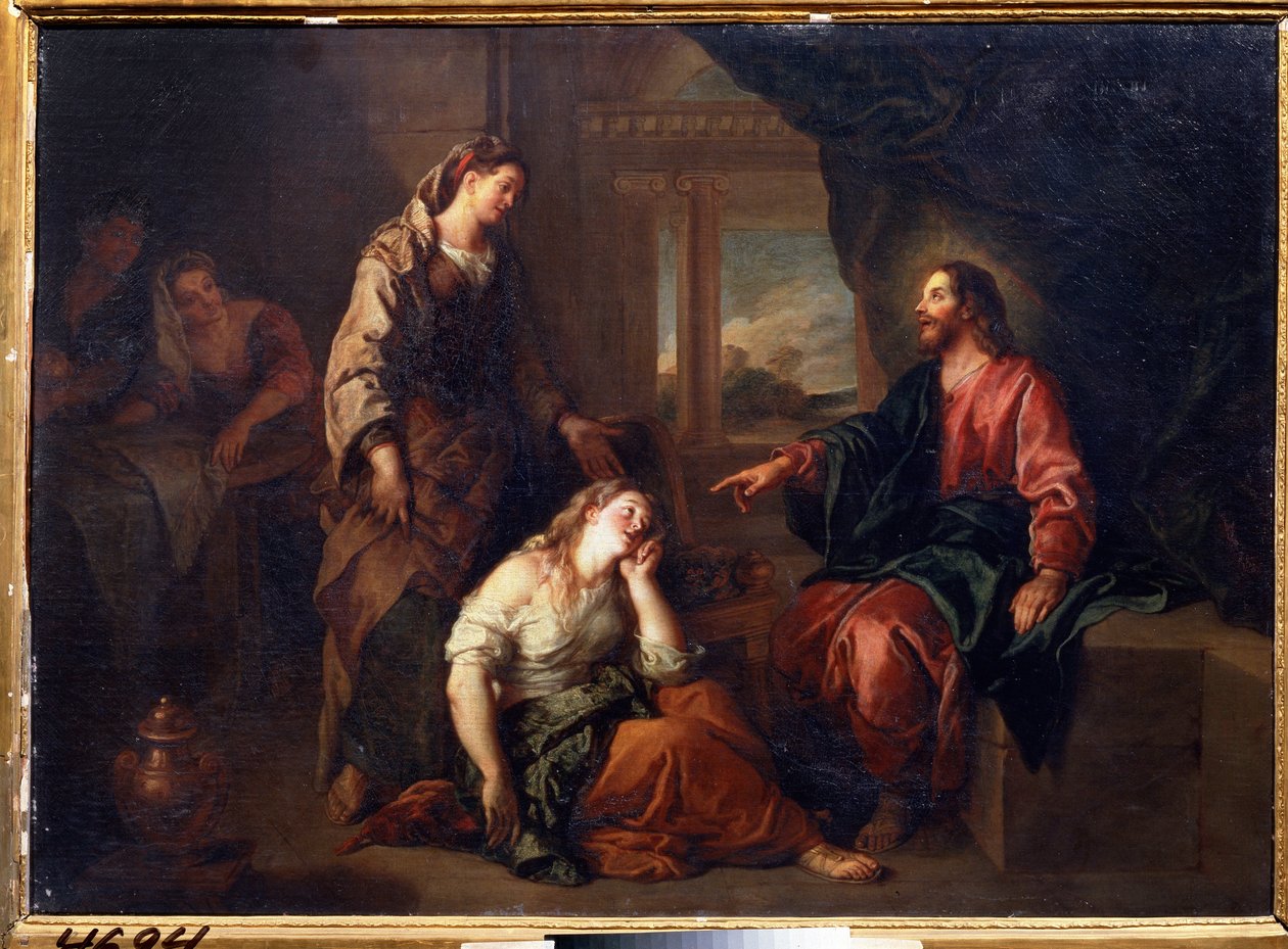 „Chrystus w Marcie i Marii” (Chrystus w Domu Marty i Marii). Św. Marta, uczennica Jezusa Chrystusa i jej siostra Marie de Bethanie. Obraz Charlesa de La Fosse (1636-1716) Muzeum Puszkina, Moskwa autorstwa Charles de la Fosse