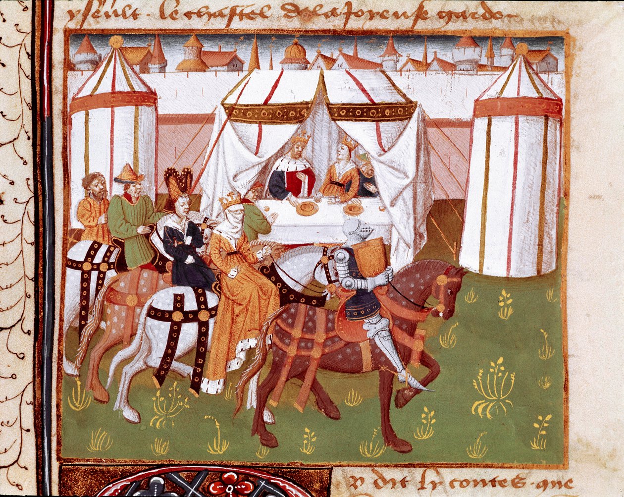 Przybycie rycerzy na ucztę wydaną przez króla Artura i królową Guenievre w Camelot (Camaloth lub Camaaloth) Miniatura zaczerpnięta z „”Romanesque du Chevalier Tristan”” przez Mistrza Karola z Maine 1440-1460. Chantilly, Muzeum Conde autorstwa Charles du Maine Master