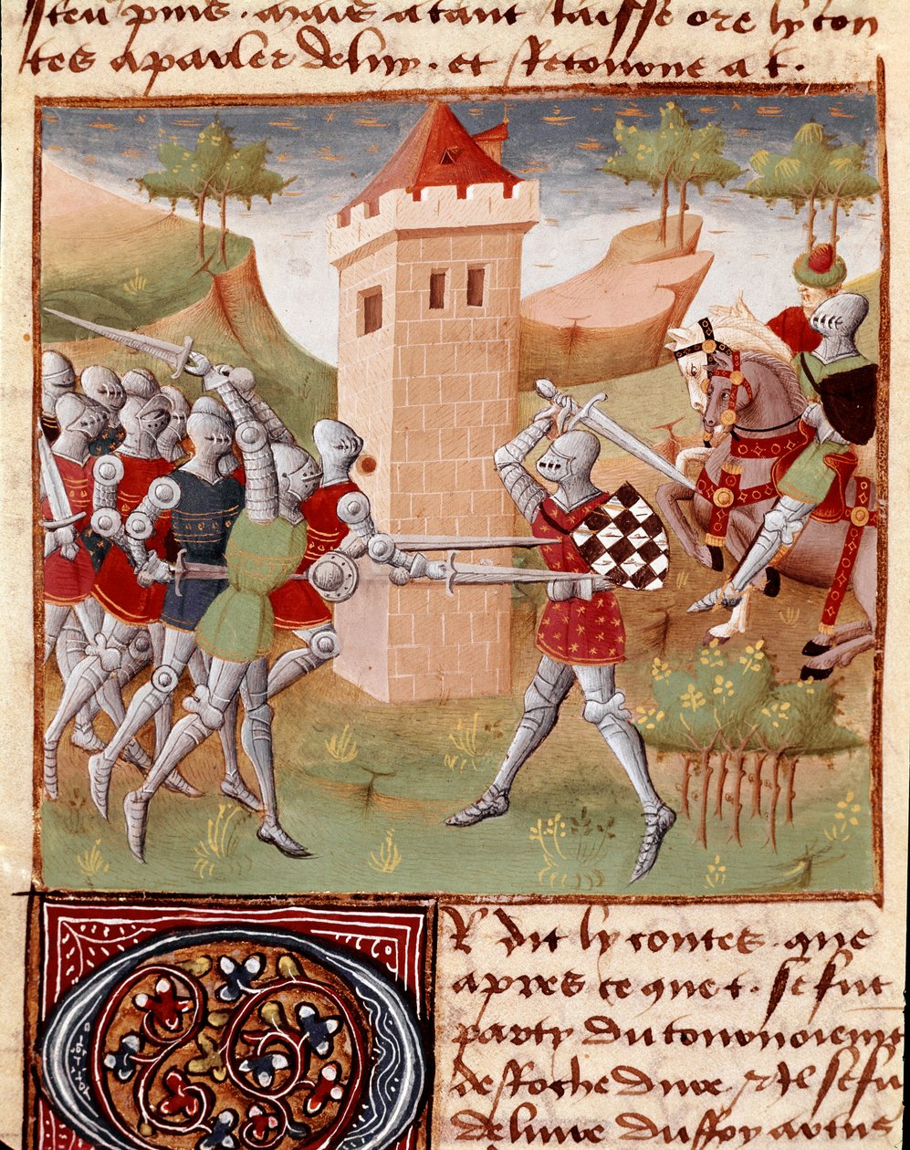 Lancelot du Lac walczący z rycerzami Miniatura zaczerpnięta z „”Roman du Chevalier Tristan”” Mistrza Charlesa de Maine (wersja Beroul). 1440-1460. Chantilly, Muzeum Condé autorstwa Charles du Maine Master