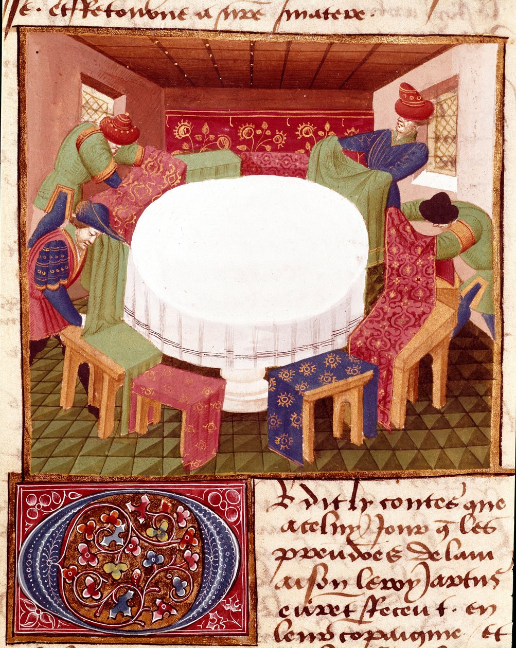 Preparaty Okrągłego Stołu na Przybycie Rycerzy Miniaturowych zaczerpnięte z „”Romanesque du Chevalier Tristan”” Mistrza Charlesa de Maine (wersja Beroul). 1440-1460. Chantilly, Muzeum Conde autorstwa Charles du Maine Master