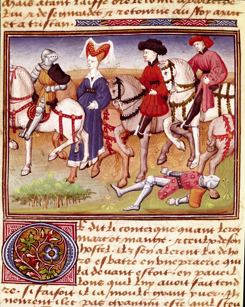 Królowa Izolda (lub Izolda) to koń w towarzystwie miniaturowych jeźdźców zaczerpniętych z „”Romanesque du Chevalier Tristan”” przez Mistrza Karola z Maine 1440-1460. Chantilly, Muzeum Conde autorstwa Charles du Maine Master