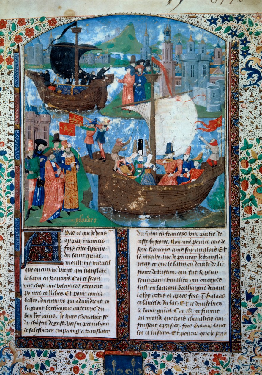 Tristan i Iseult (Izolda lub Yseult) opuszczają Irlandię, Tristan pije filtr miłości. W głębi duszy ich dwa ciała są sprowadzane z powrotem do Irlandii. Miniatura z rękopisu ms. 103 f.1 Powieść Tristana”” przypisywana mistrzowi Karolowi z Maine. XV wiek autorstwa Charles du Maine Master