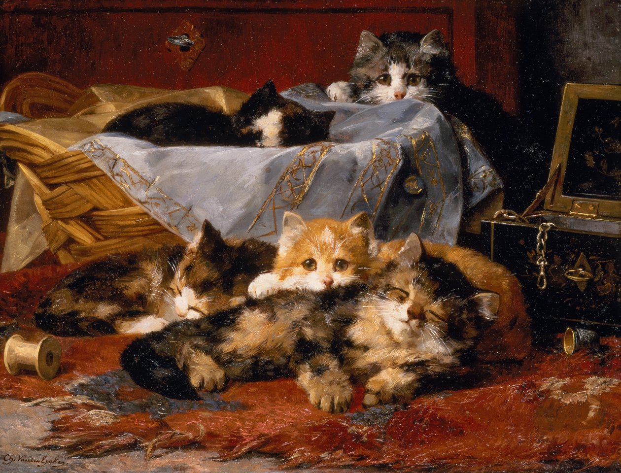 Kocięta przy koszu do szycia (olej na płótnie) autorstwa Charles van den Eycken