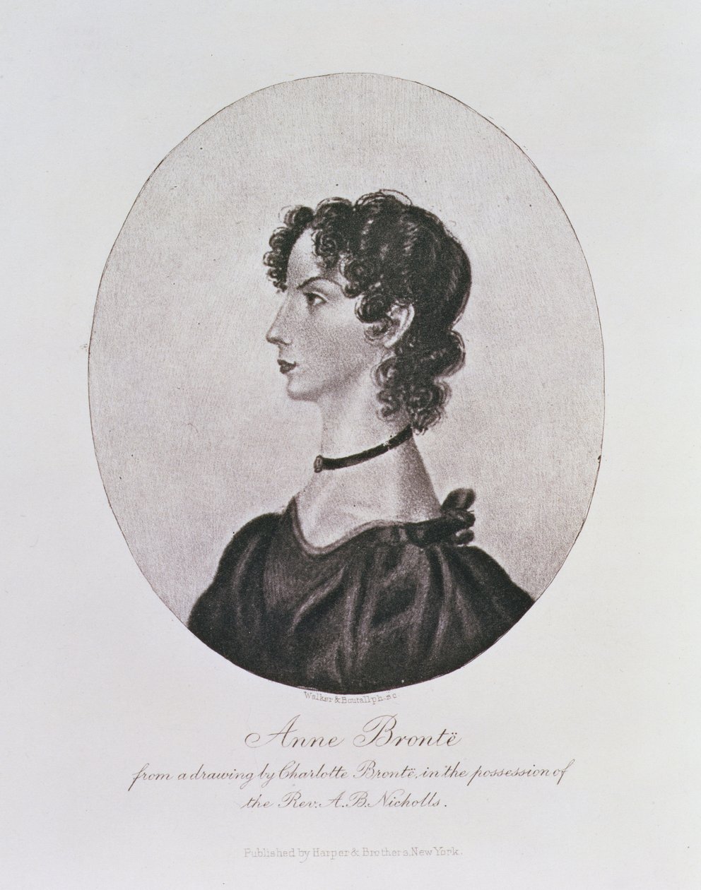 Portret Anne Bronte (1820-49) z rysunku będącego w posiadaniu ks. A. B. Nichollsa, rytowany przez Walkera i Boutalla autorstwa Charlotte Bronte