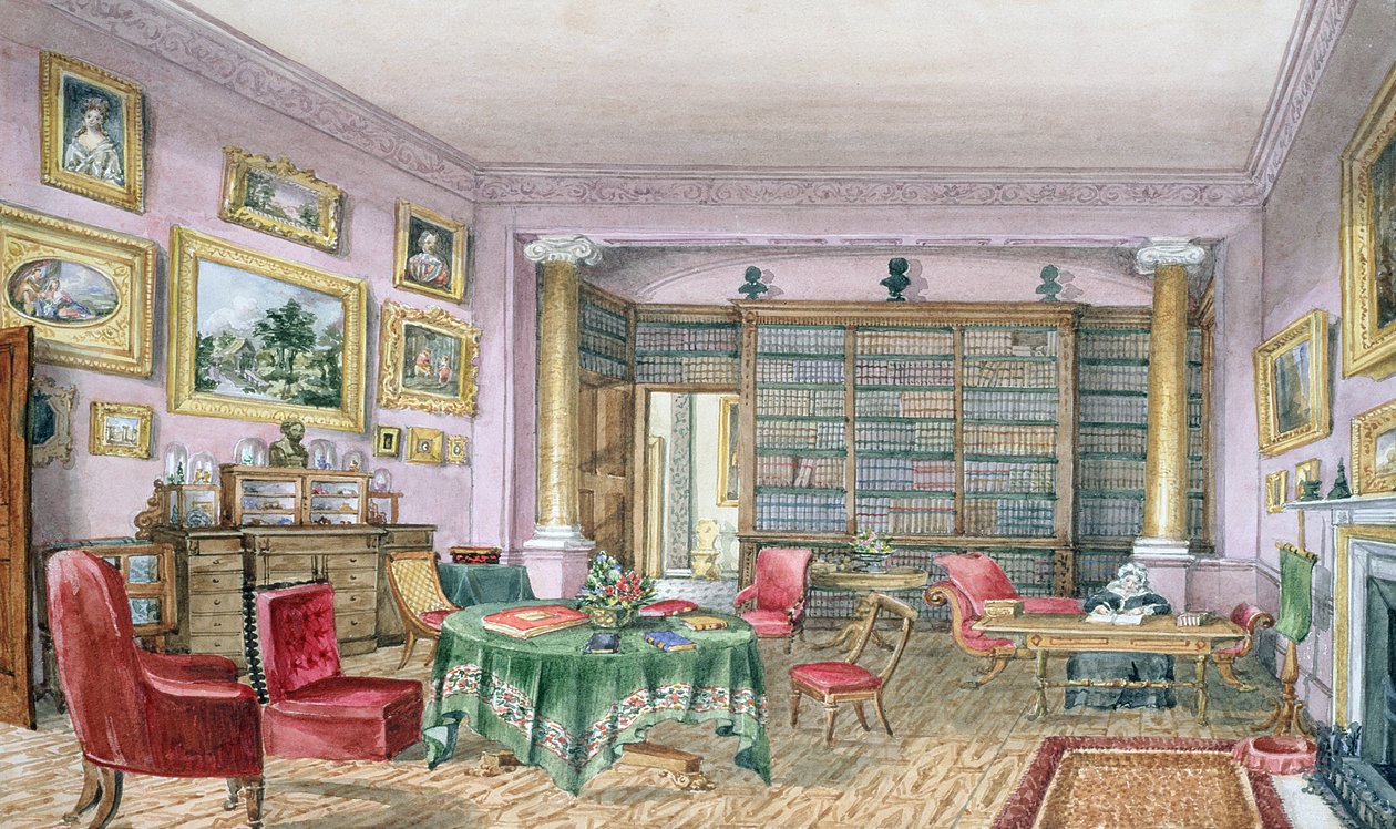 Biblioteka, Vinters, f.16 z „Albumu wnętrz”, 1843 autorstwa Charlotte Bosanquet