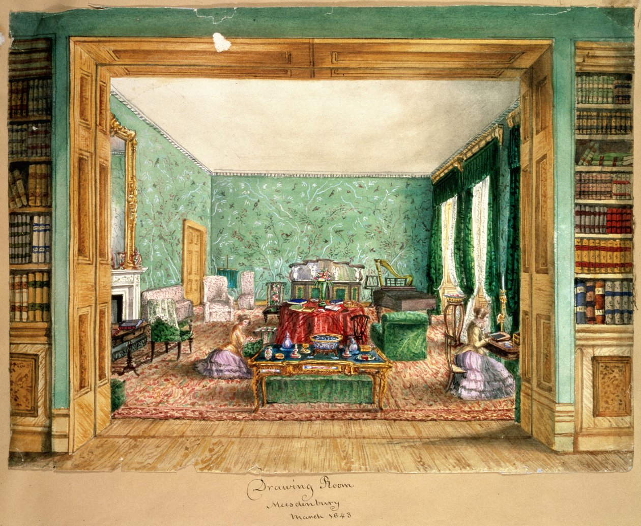 Salon w Meesdenbury, f13 z Albumu wnętrz, 1843 (wc na papierze) autorstwa Charlotte Bosanquet