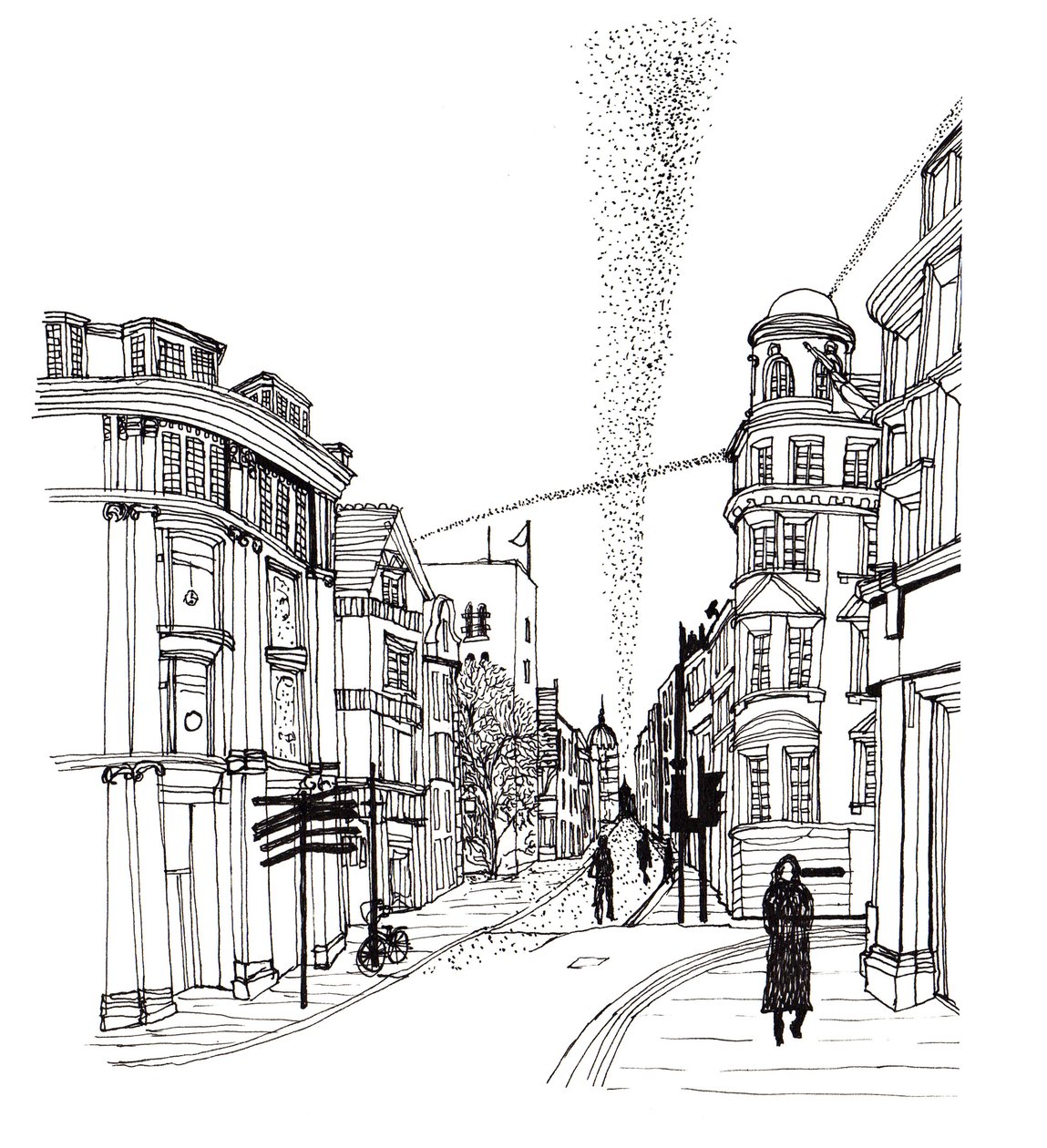Cornmarket Street, 2019 (pióro i atrament) autorstwa Charlotte Orr