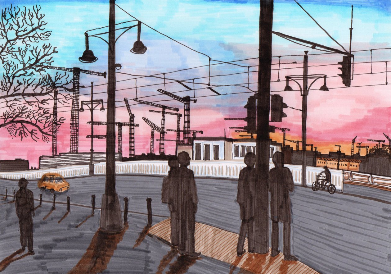 Żurawie na Warschauer Straße, 2017 (pędzelki) autorstwa Charlotte Orr