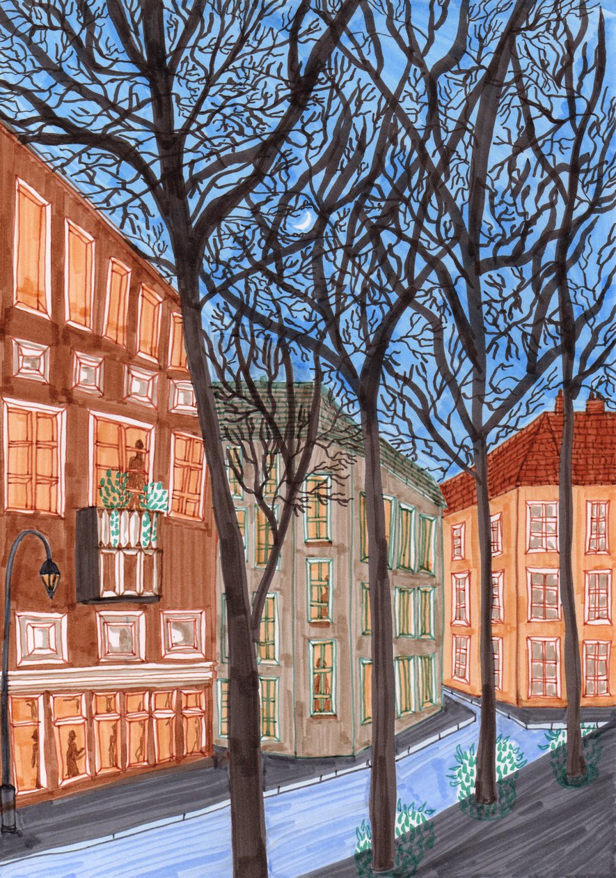 Friedrichshain nocą, 2017 (pędzelki) autorstwa Charlotte Orr