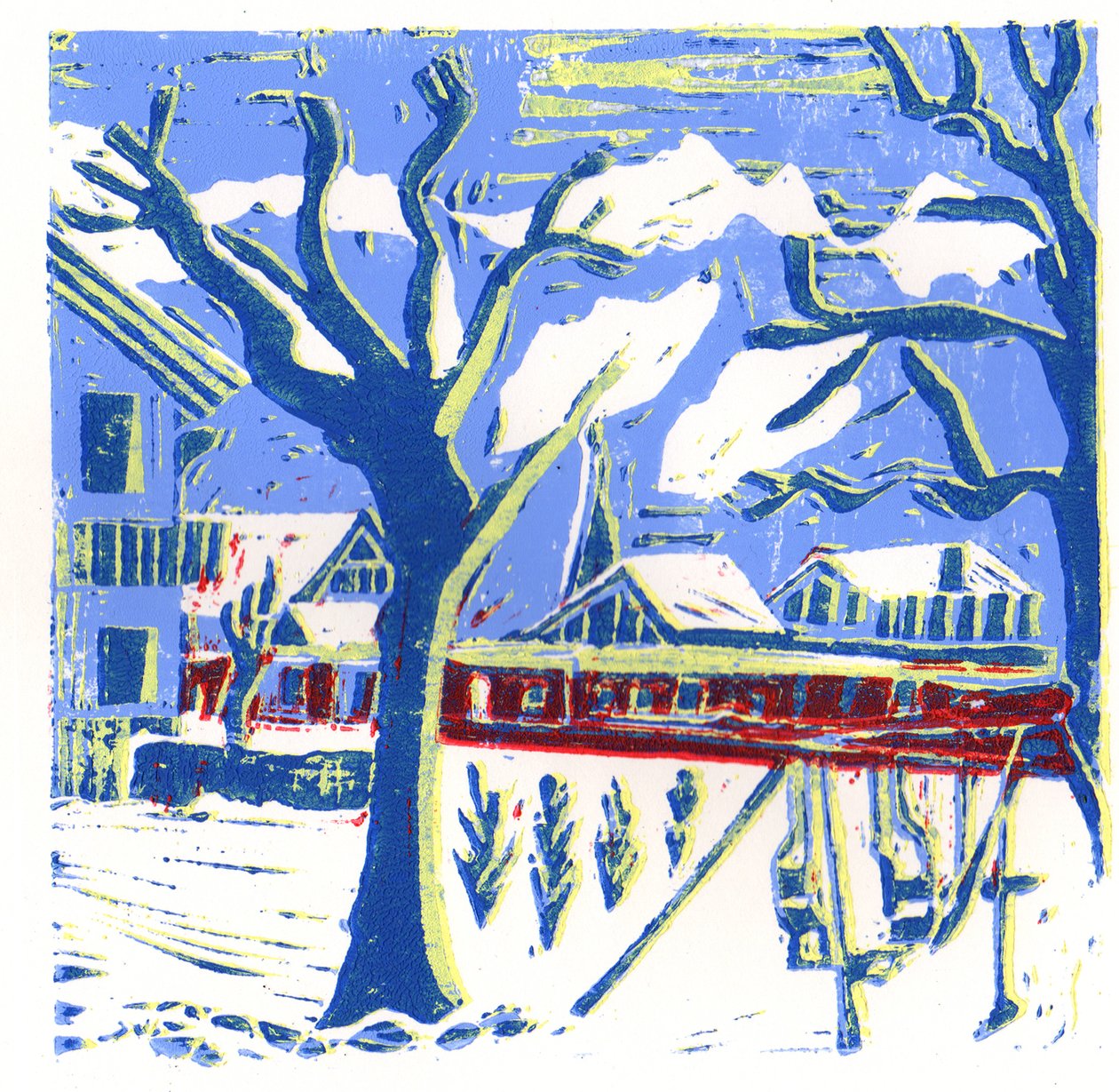 Drzewa Mayrhofen, 2015 (linodruk) autorstwa Charlotte Orr