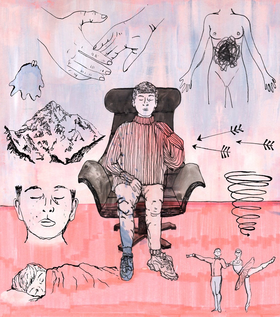 Ilustracja Terapia, 2018 (tusz i akryl) autorstwa Charlotte Orr