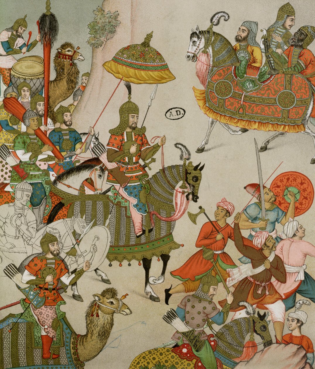 Cesarz Babur (r.1526-30) na czele swojej armii, po szesnastowiecznej miniaturze Mogołów autorstwa Charpentier