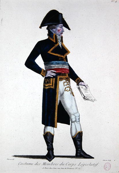 Strój członków Korpusu Legislatif podczas Pierwszej Republiki we Francji, ok. 1800 (kolorowa grawerunek) autorstwa Chataignier Chataignier