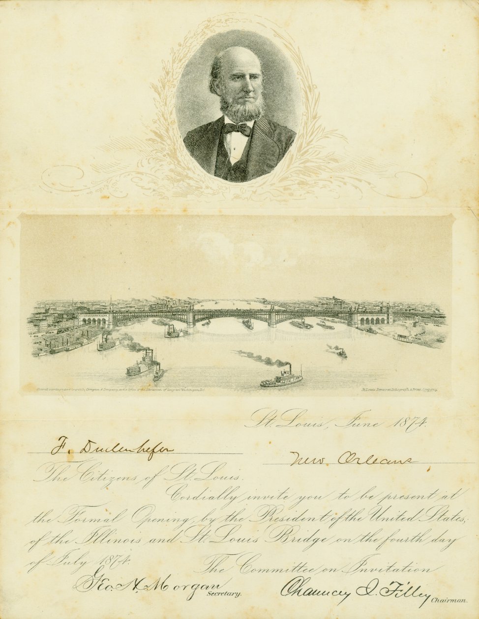 Zaproszenie na uroczyste otwarcie Eads Bridge 4 lipca 1874 r. autorstwa Chauncey I. Filley