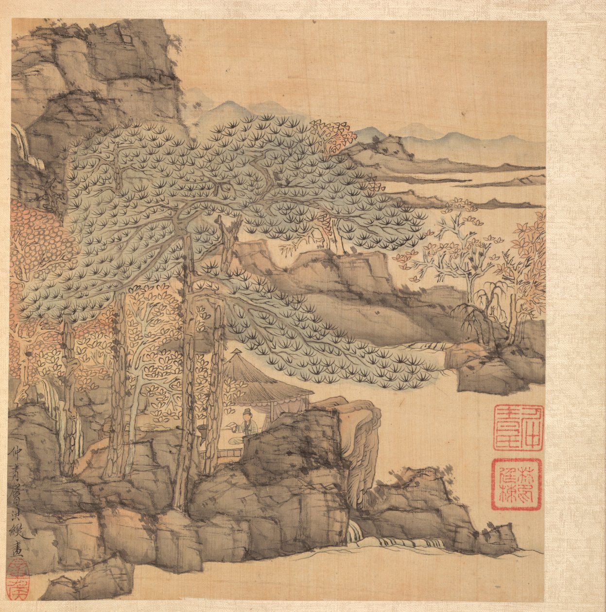 Obrazy według starożytnych mistrzów: uczone czytanie w krytej strzechą chacie przy wodospadzie, 1598-1652. autorstwa Chen Hongshou