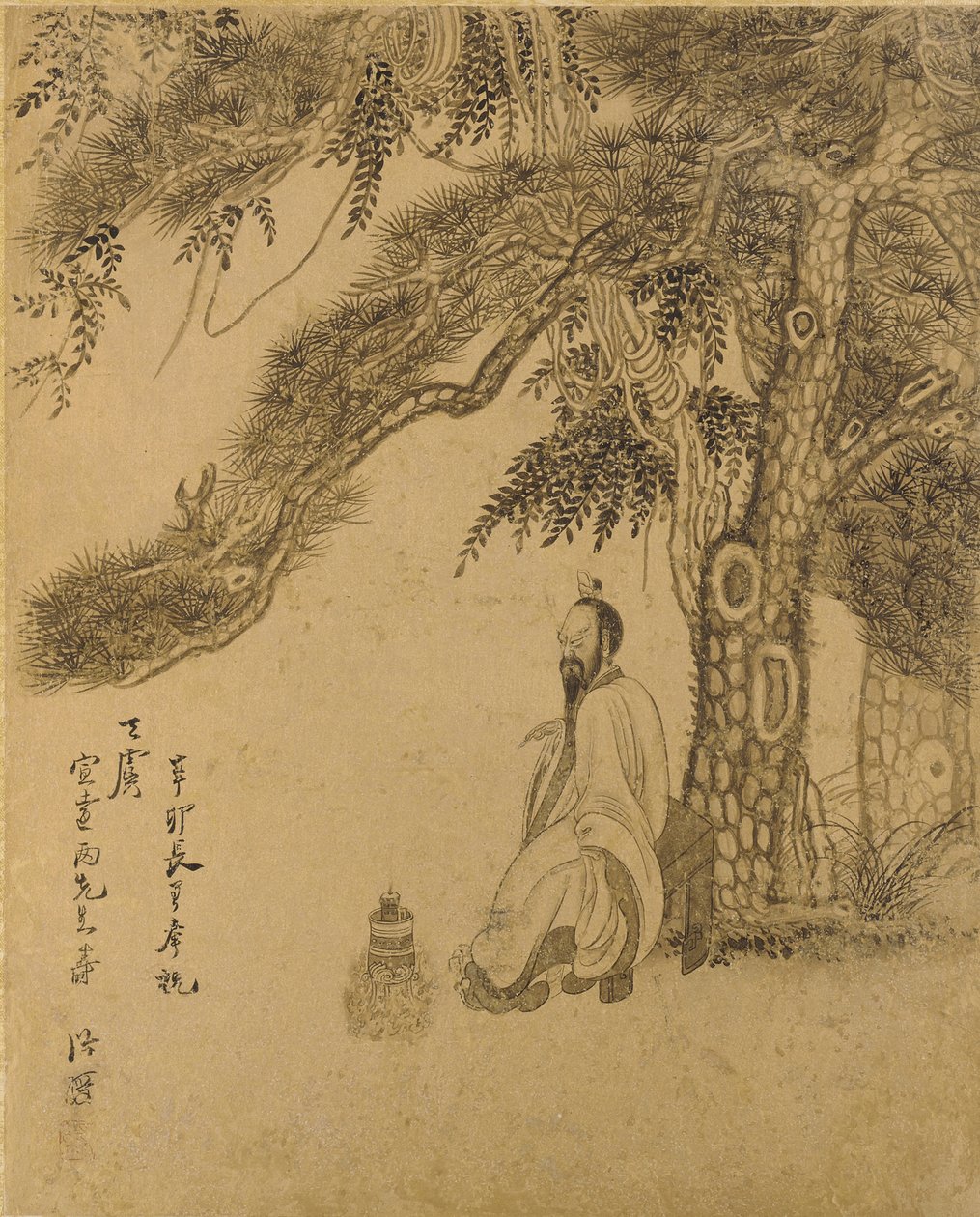 Przygotowanie eliksiru pod sosną, dynastia Qing, 1651 (atrament na złotym papierze) autorstwa Chen Hongshou