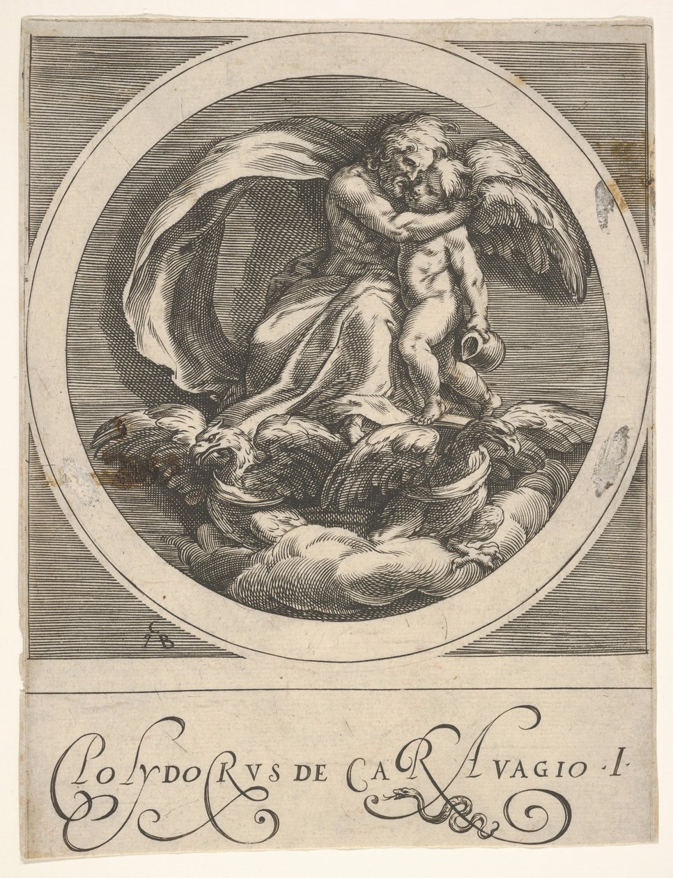 Jowisz, siedzący nad dwoma orłami i obejmujący Kupidyna, okrągła kompozycja z serii..., ca. 1590. autorstwa Cherubino Alberti