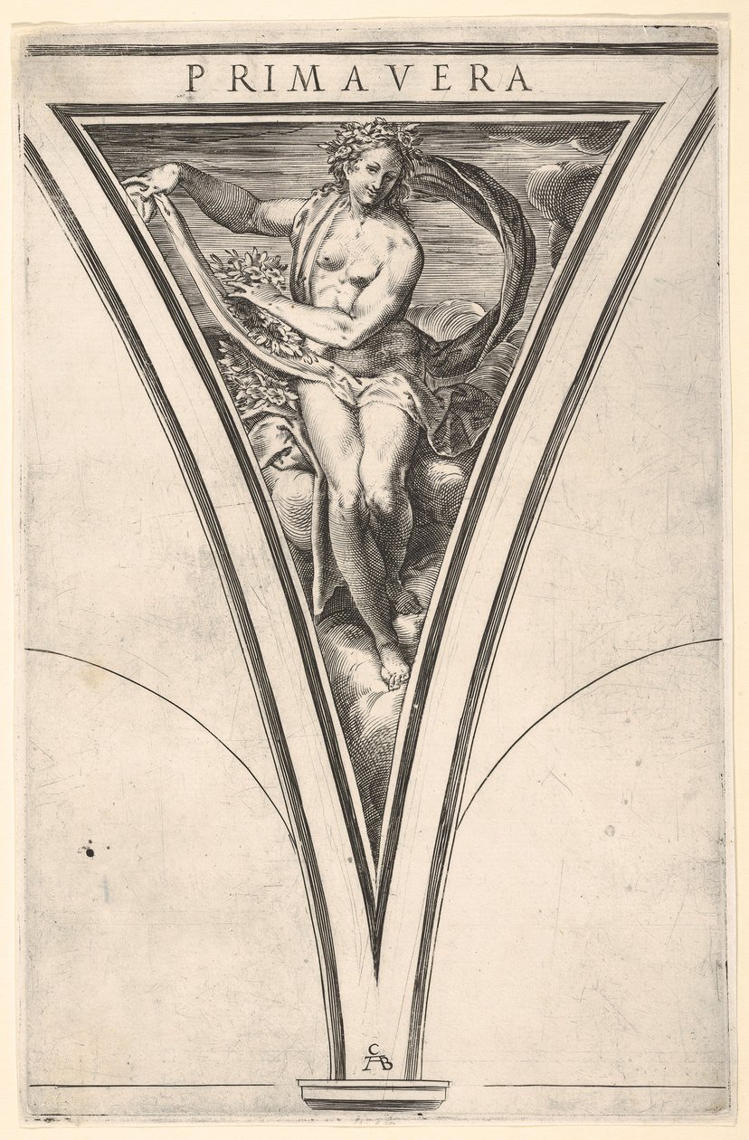 Primavera wiosenna reprezentowana jako kobieta niosąca falującą zasłonę i girlandy..., ca. 1570-1615. autorstwa Cherubino Alberti