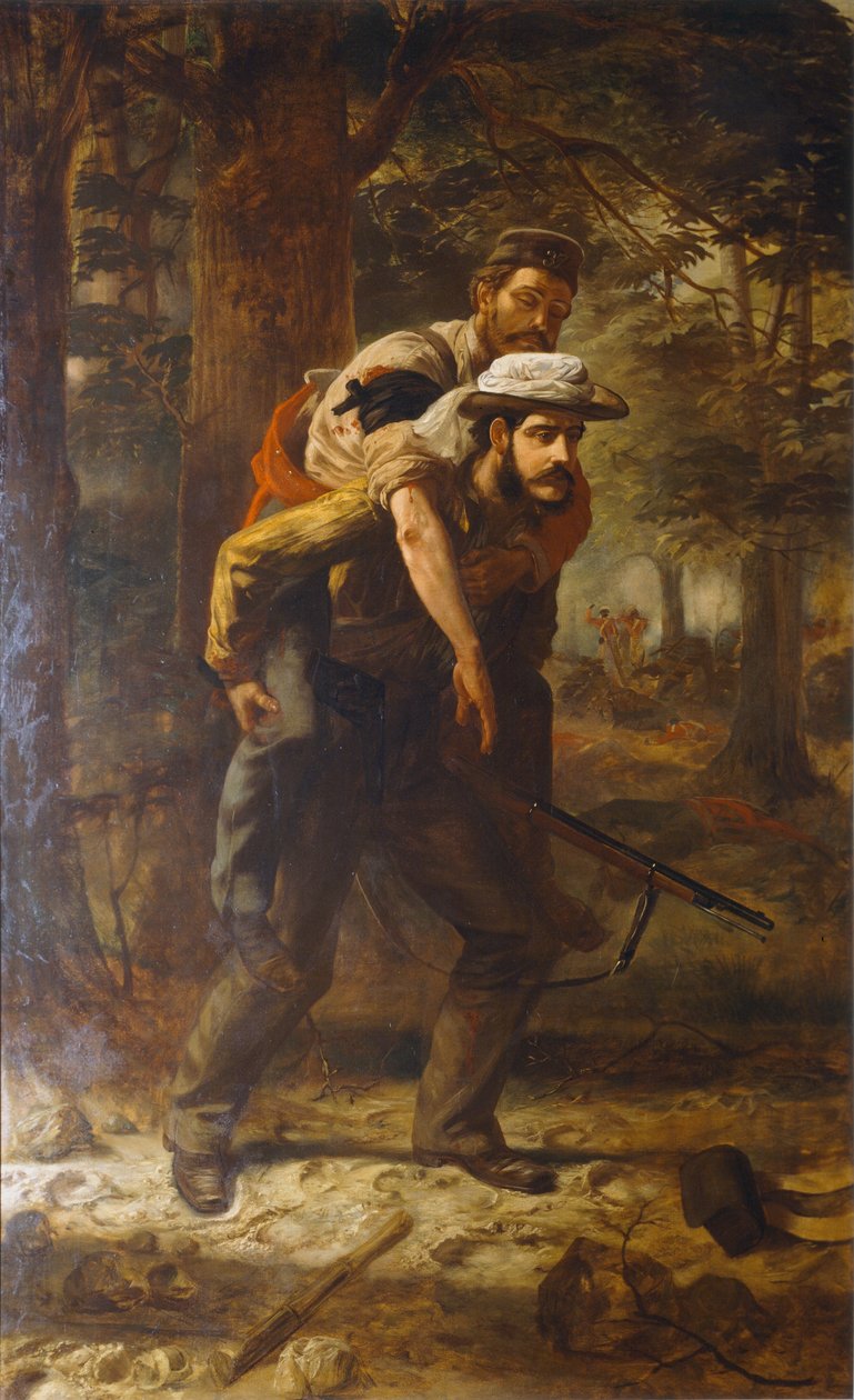 Ross Lewis Mangles (1833-1905) ratujący rannego żołnierza 37. pułku podczas buntu indyjskiego w 1857 r., 1859-62 autorstwa Chevalier Louis William Desanges