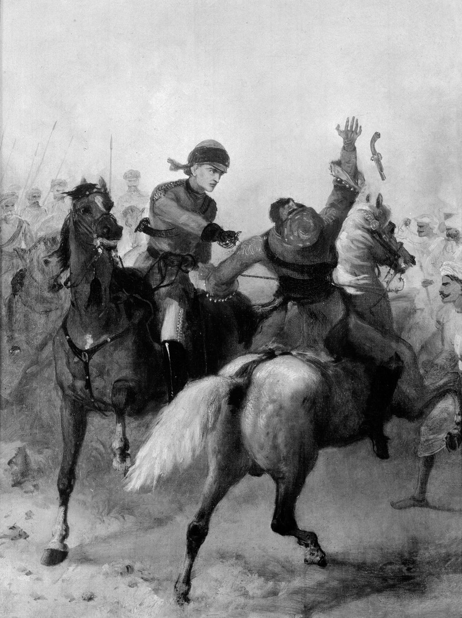 Porucznik John Watson z 1. Pułku Kawalerii Pendżabskiej zdobył Krzyż Wiktorii pod Lucknow podczas buntu indyjskiego 14 listopada 1857 r. autorstwa Chevalier Louis William Desanges