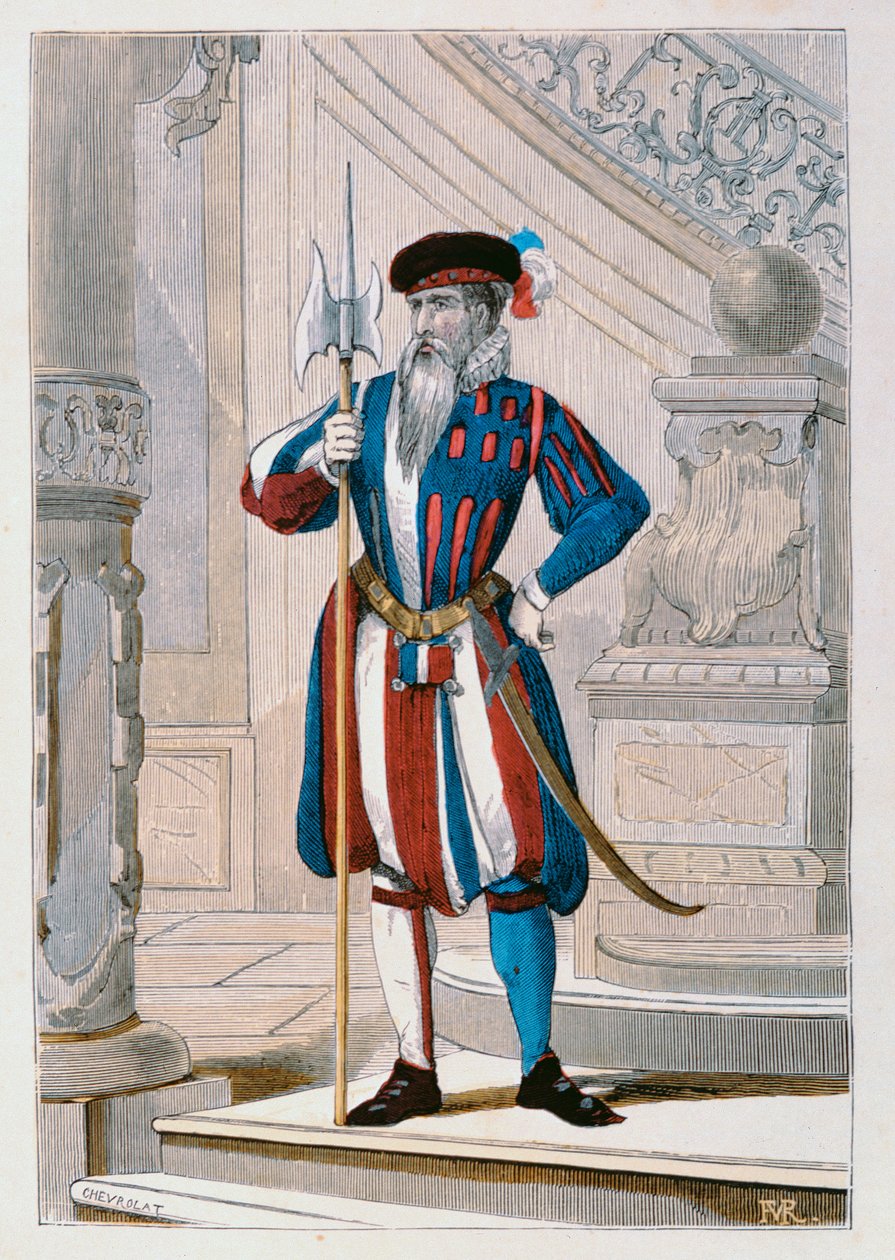 Królewska Gwardia Szwajcarska z 1586 r., ilustracja z "Costumes Civils et Militaires Francais a travers les siecles" Augustina Challamela, 1881 r. autorstwa Chevrolat