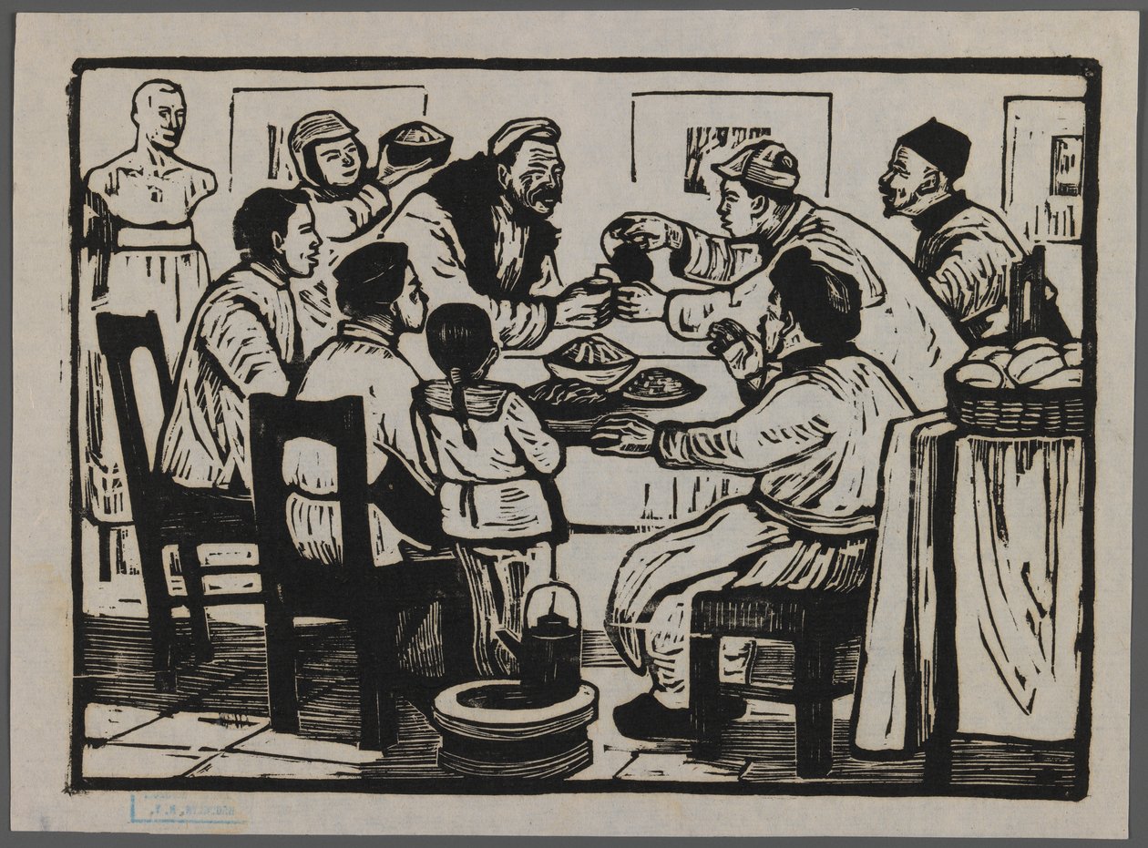 Wypijmy drinka z okazji sylwestra, ok. 1945 (drzewryt) autorstwa Chi Kwei Sung