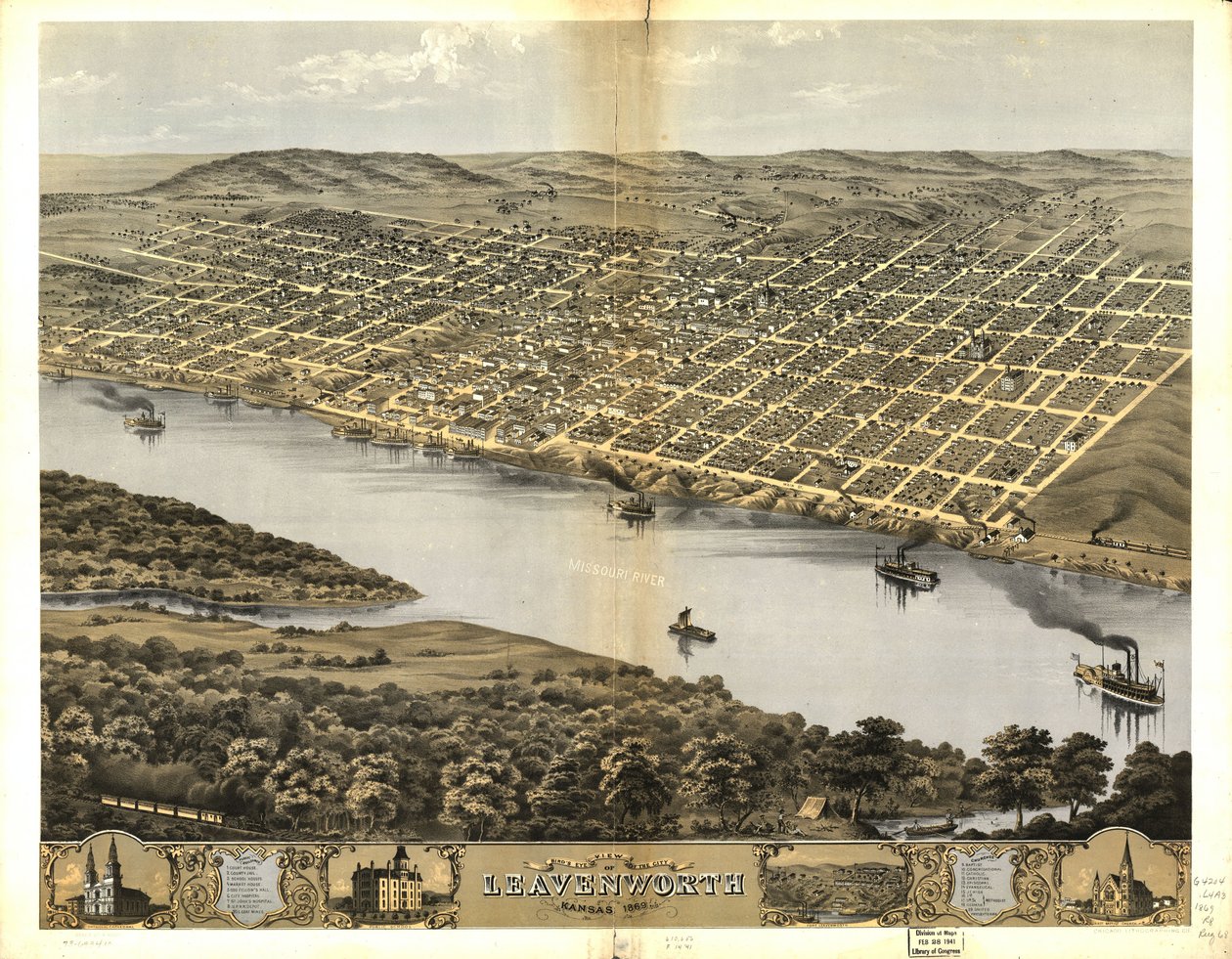 Widok z lotu ptaka na miasto Leavenworth, Kansas 1869 autorstwa Chicago Lithographing Co.