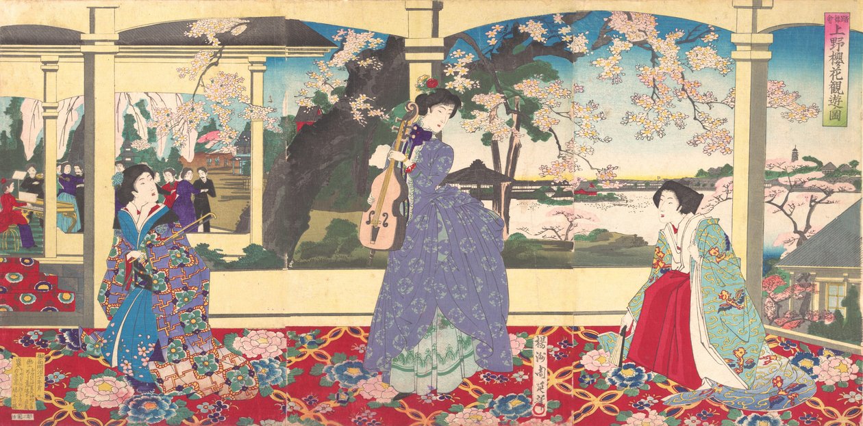 Potańcówka: oglądanie kwitnących wiśni w Ueno Tobukai Ueno oka yuran no z..., marzec 1887. autorstwa Chikanobu Yoshu