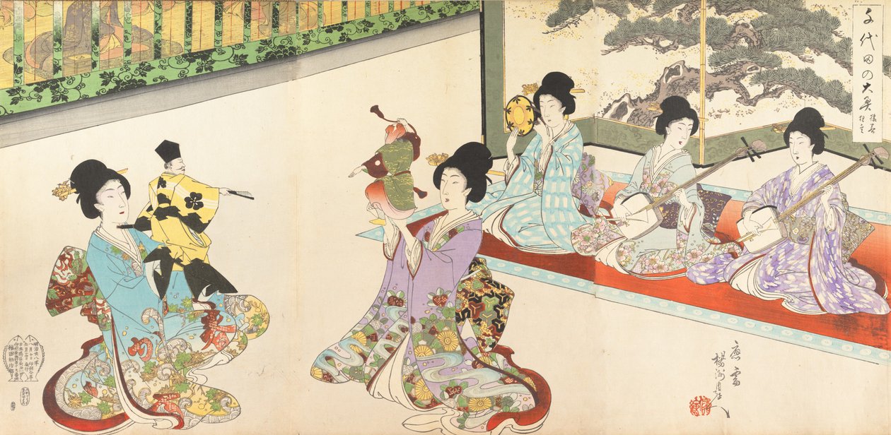 Panie w oczekiwaniu na zamku Chiyoda: praktyka miecza i marionetka Kyogen, 1895., 1895. autorstwa Chikanobu Yoshu