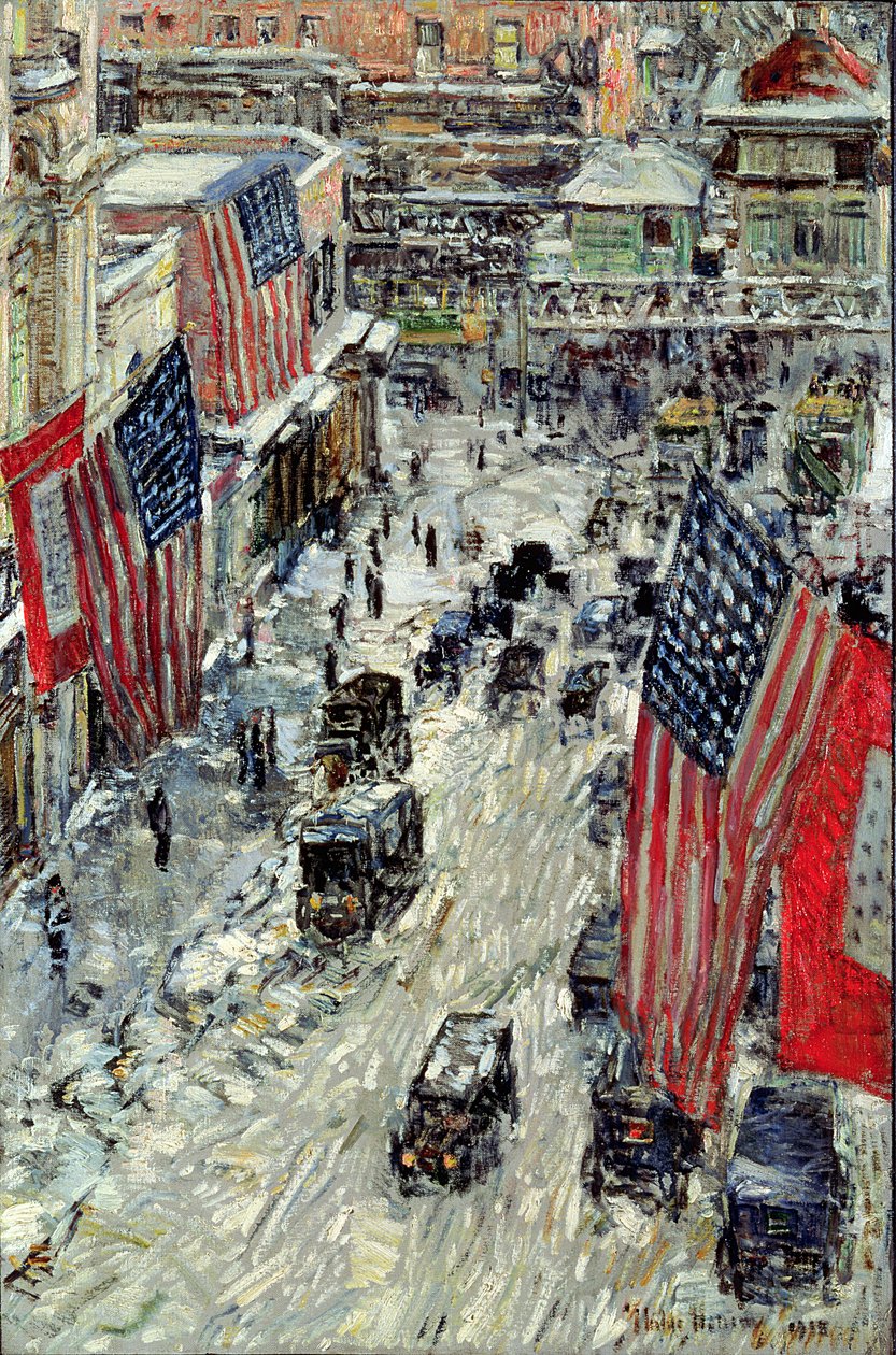 Flagi na 57. ulicy, zima 1918 (olej na płótnie) autorstwa Childe Frederick Hassam
